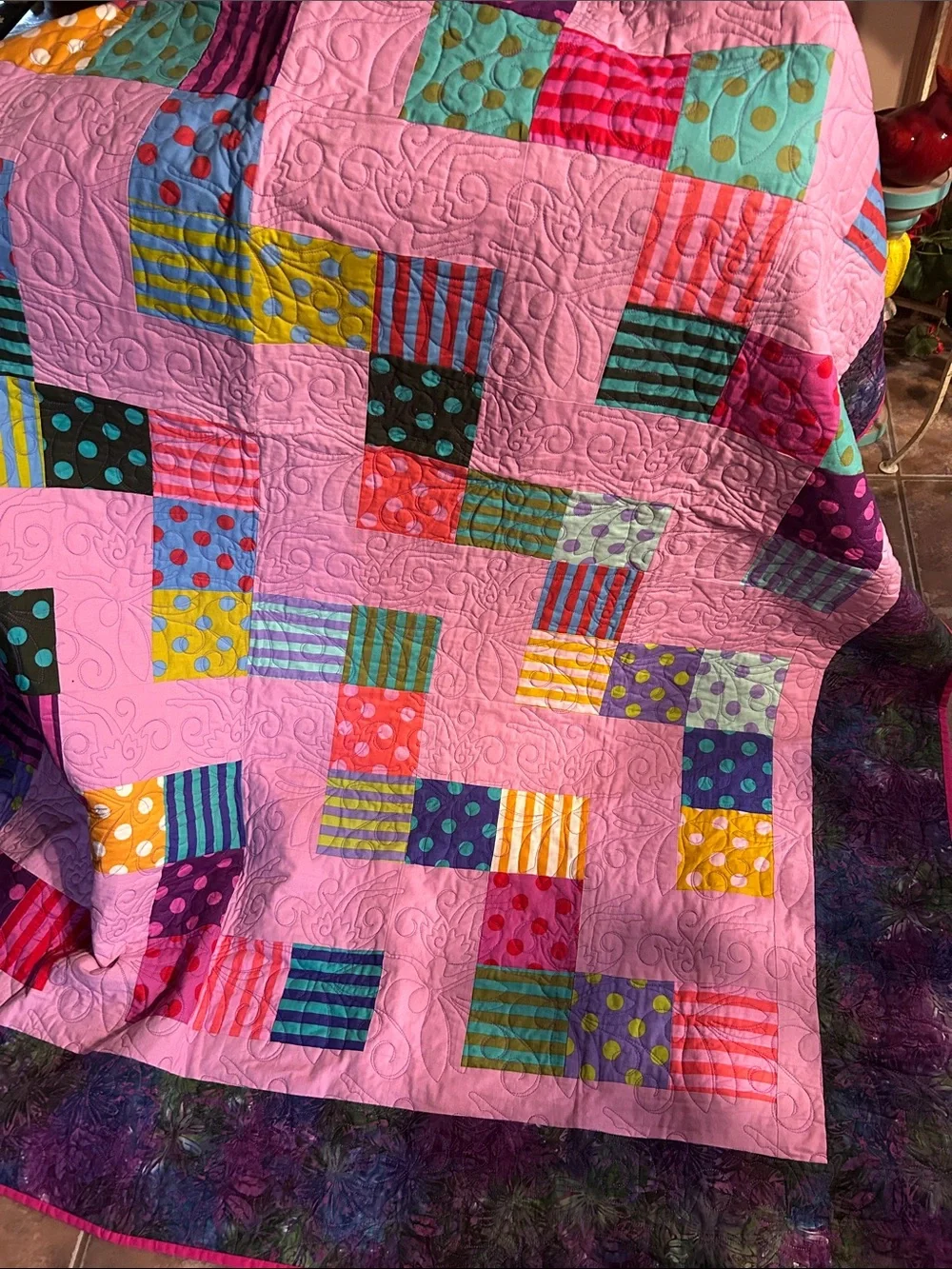 ONE IF A KIND- HANDCRAFTED Quilt in Pink & Purple and quilted in fairy design